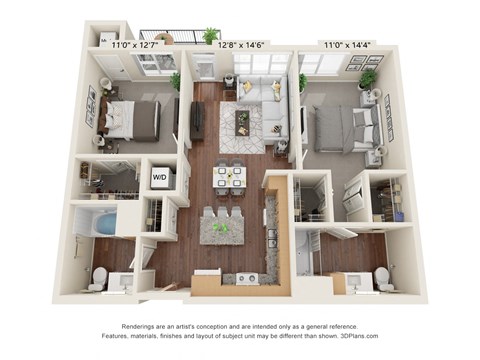 Floor plan for 2 beds, 2 baths, 1050 sqft